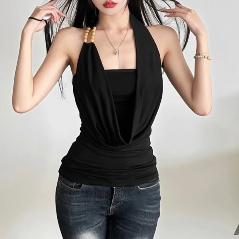 

American Retro Backless Sexy Slim Black Camisole Women 2025 Summer New High Street Fashion All-match Beaded Crop Tops