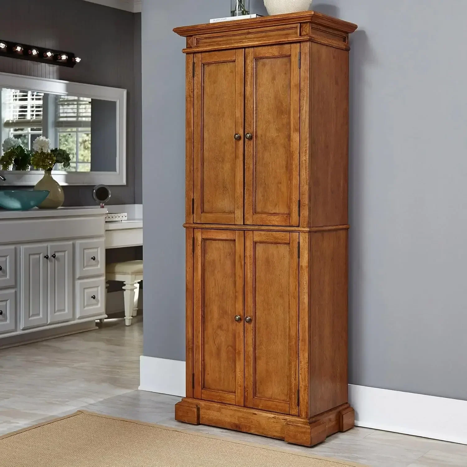 Storage Pantry with Drawer and Adjustable Shelves 72 Inches High by 30 Inches Wide Distressed Oak