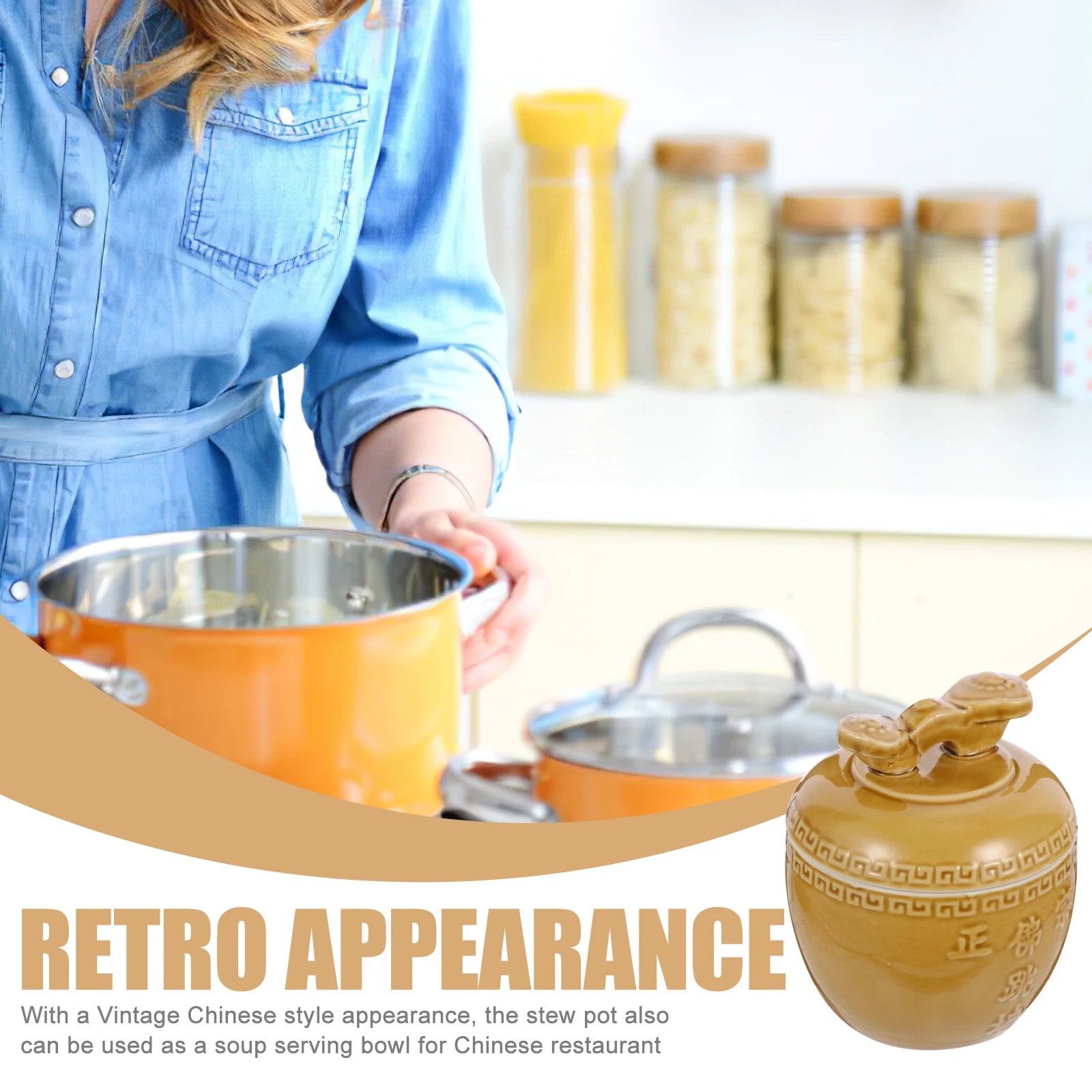 

Ceramic Stew Pot Household Kitchen Tableware Vintage Chinese Style Multi-Function Soup Bowl Slow Cooking Stew Pot