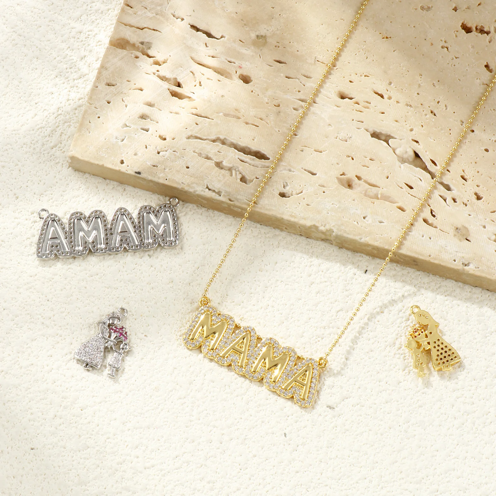 1pc Brass Charms Mother's Day Multicolor Micro Pave Clear Cubic ZirconiaFlower Mother/ Mom Pendant DIY Necklace Jewelry Gift