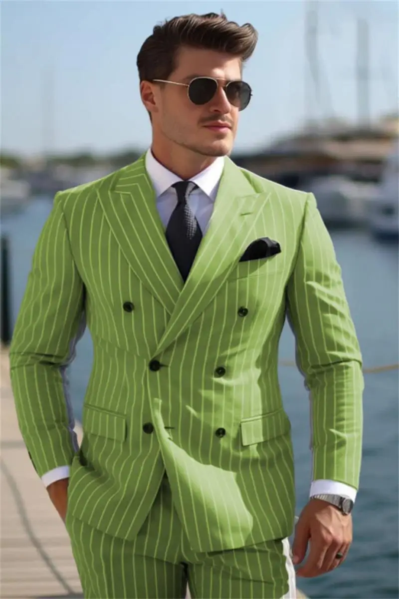 

Business striped custom suit jacket suit pants Green Slim fit handsome suit set Groom's wedding striped suit 2pcs set