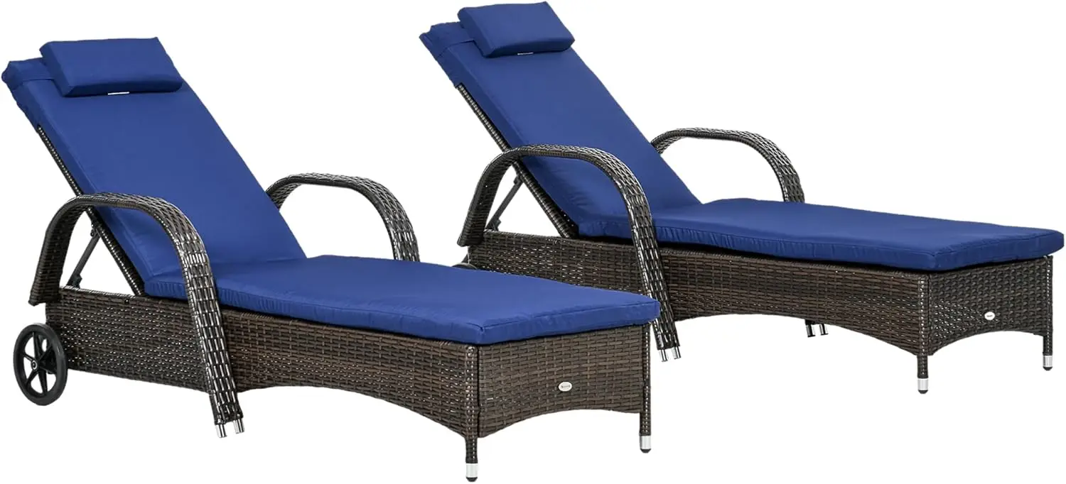 

Wicker Outdoor Chaise Lounge Set Of 2, 5-Level Adjustable Backrest Pe Rattan Pool Lounge Chair With Wheels, Cushion & Headrest,