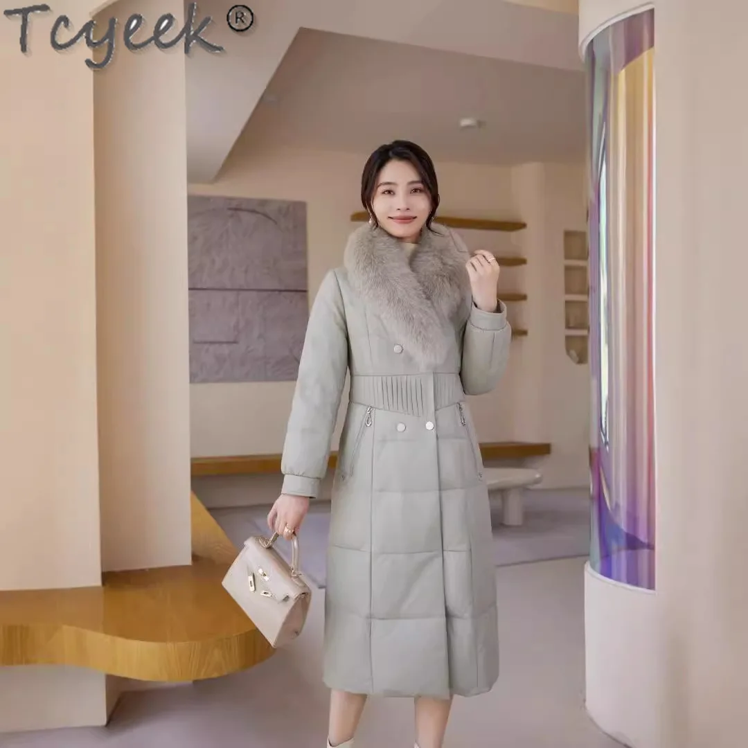 Tcyeek-Manteau en peau de mouton en cuir véritable pour femme, veste longue en duvet, vestes d'hiver, vêtements en fourrure de torche