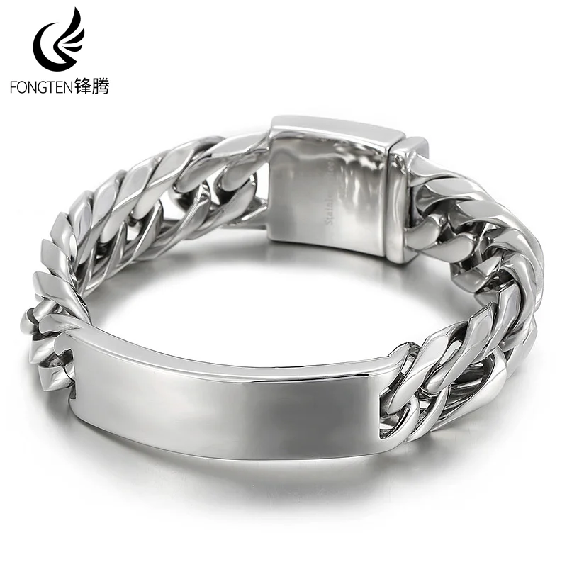 Fongten Square Stainless Steel Charm Bracelet For Men Hip Hop Cuban Chain Brushed Bangle Bracelets Jewelry Wholesale Christmas