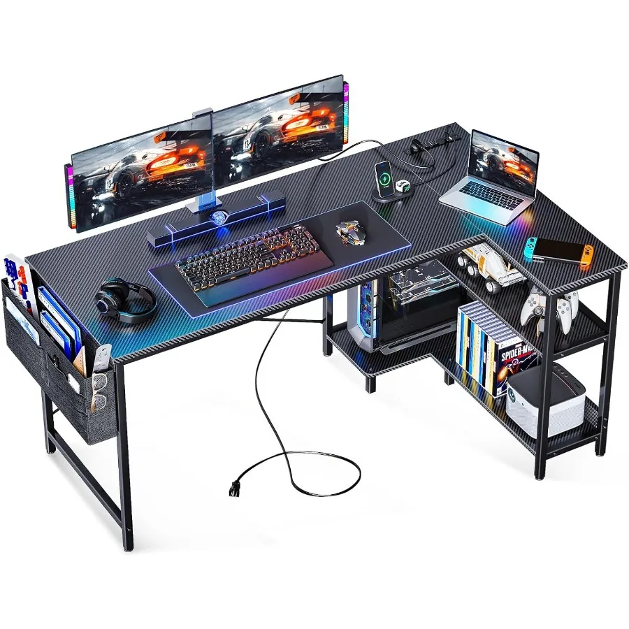 55 Inch L Shaped Gaming Computer Desk with Builtin Power Outlets for Small Spaces Corner Design Featuring Reversible Storage Sh