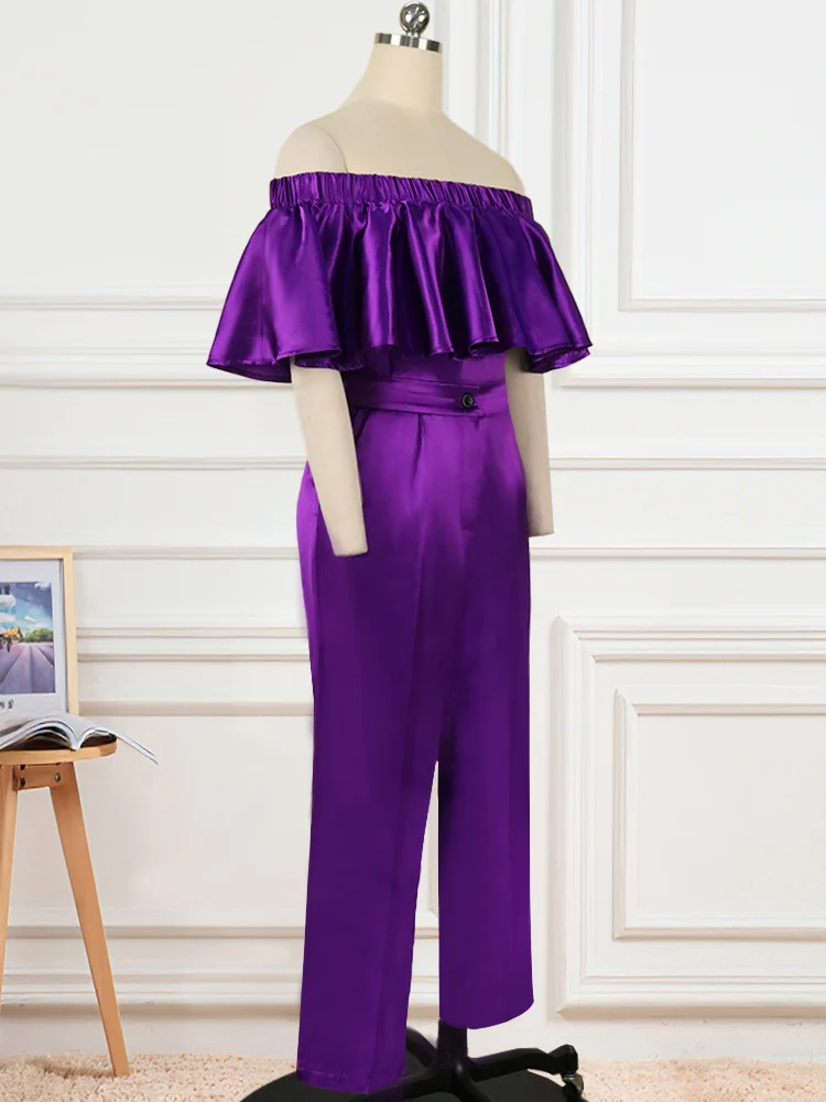 Purple Plus Size Sets Women Off Shoulder Ruffles Tops and High Elastic Waist Pants for Ladies Street Evening Party Two Piece Set