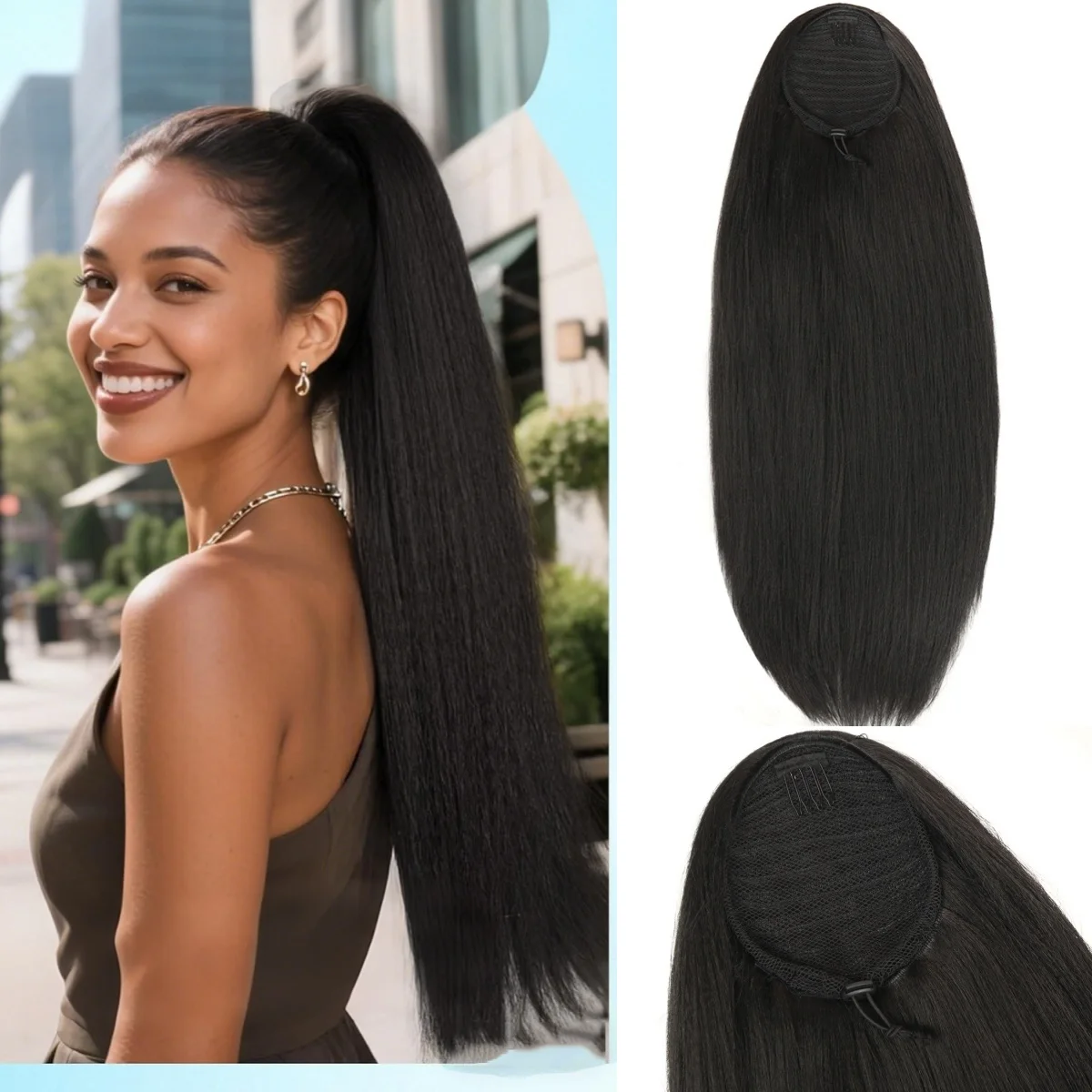 Synthetic Long Kinky Straight Drawstring Ponytail Extension for Black Women Thick Hair 26 Inch Long Yaki Straight Pony Tail