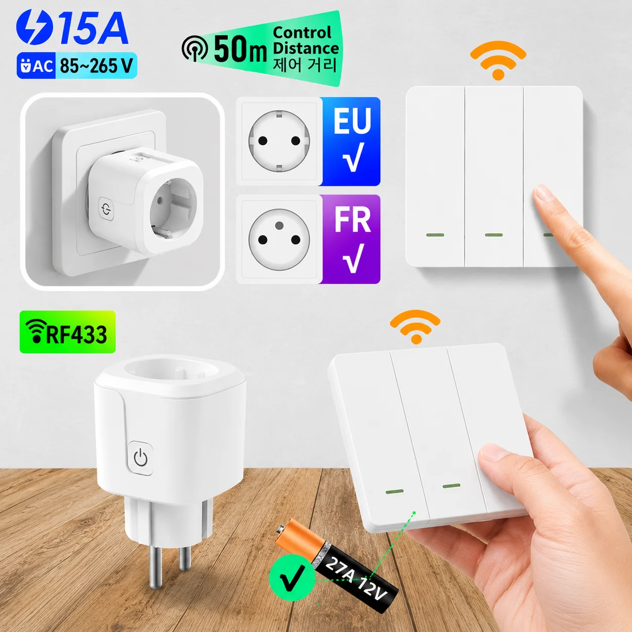 433Mhz Wireless Remote Control Socket Switch 220V 3000W15A EU FR Universal Plug Remote ON OFF Electrical Outlets for Light Fan
