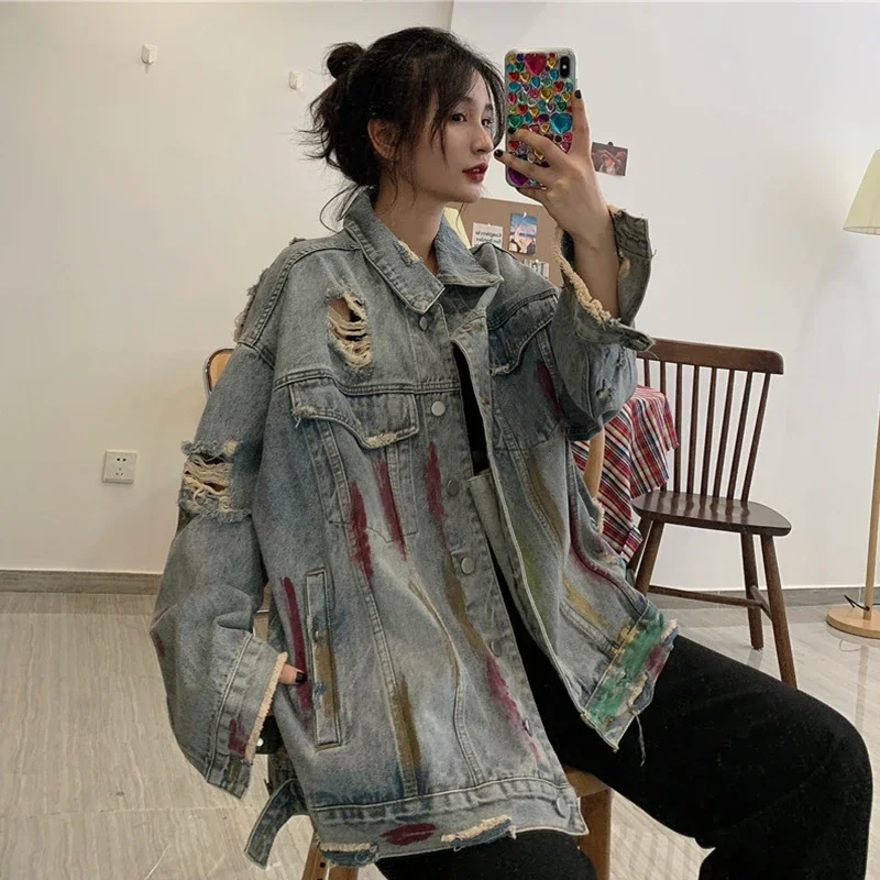 Korean Style Women Jacket Loose Vintage Fashion Denim Coat Oversize Graffiti Print Hole Streetwear Female Denim Jacket HOT