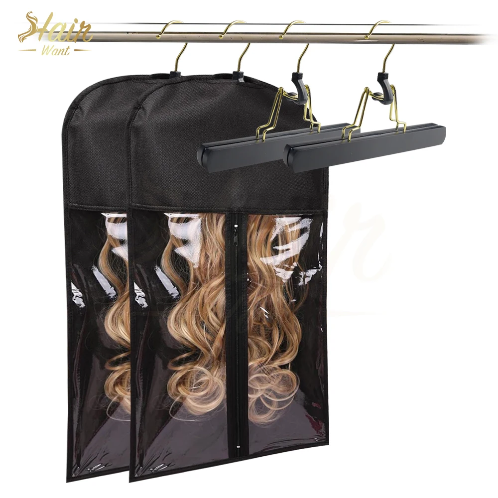 

Hair Want Hair Extension Storage Bag with Wooden Hanger Holder Wigs Pouch WaterProof Suit Organizer Protect for Hair Extensions
