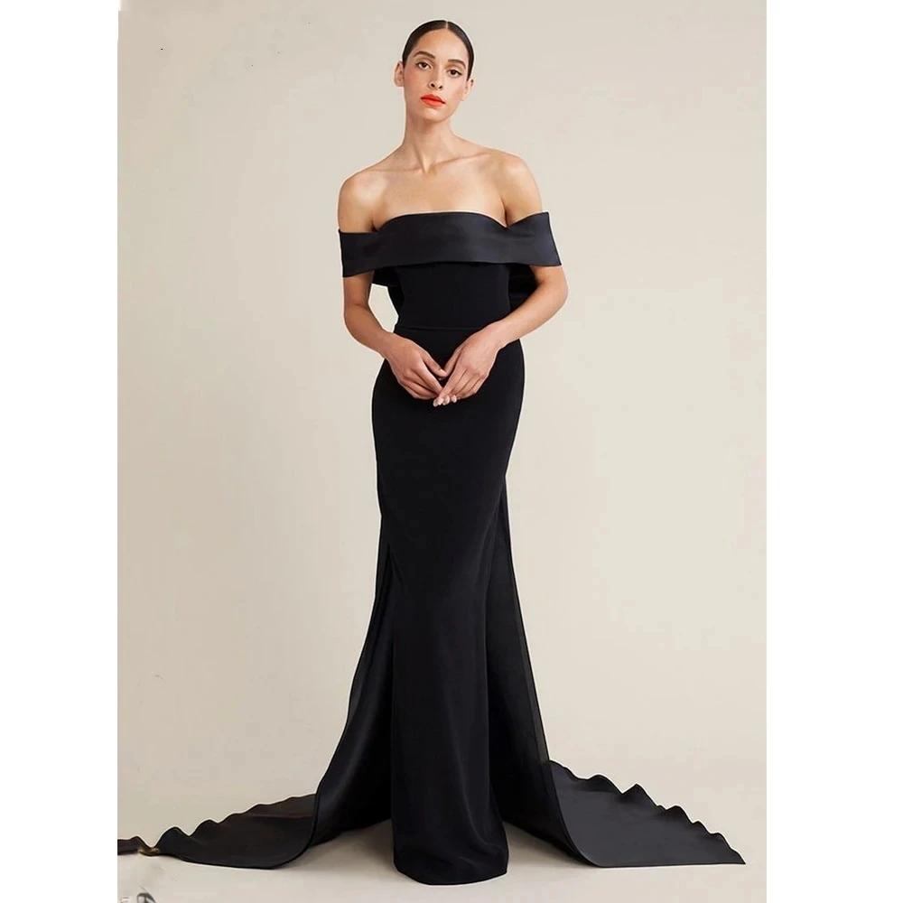 Romantic Black Satin Boat Neck Evening Dresses Mermaid Off Shoulder Prom Party Formal Gowns Backless For Women Robe De Soiree