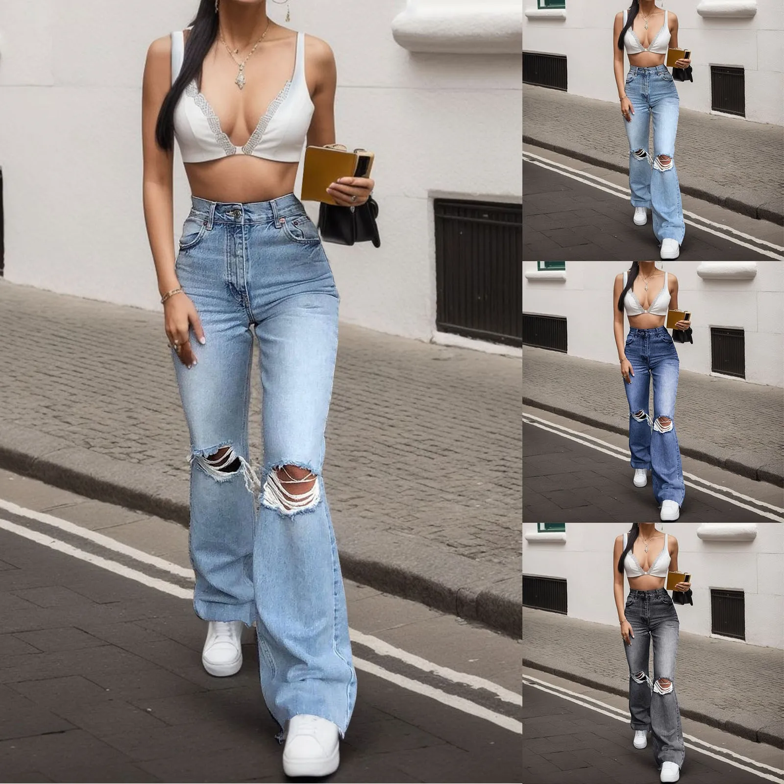 

Blue Holes Women Jeans Ripped Denim Trousers Streetwear Distressed Bottom Jeans High Waist Y2k Flare Women Pants Pantalones