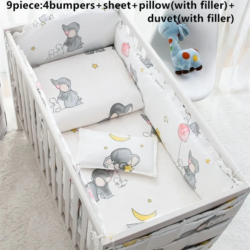 

6/9PCS Elephant Baby Bedding Set Cotton Kids Bedroom Decor Baby Girl Boy Crib Bed Linens