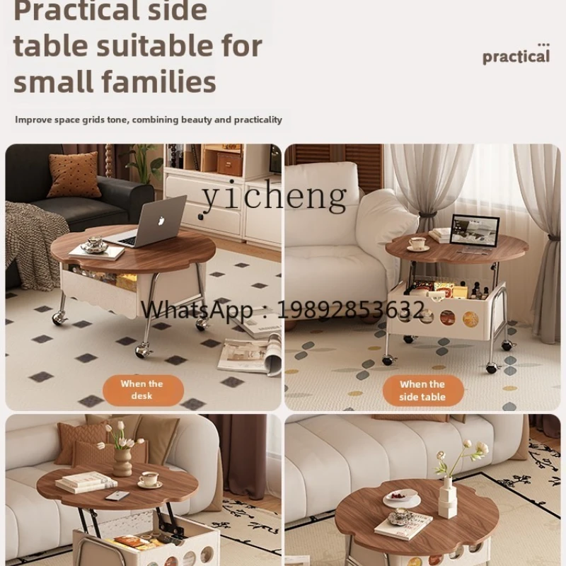 

XLL cream wind rock slab round table coffee table can be lifted and lowered retro round mobile small tea table