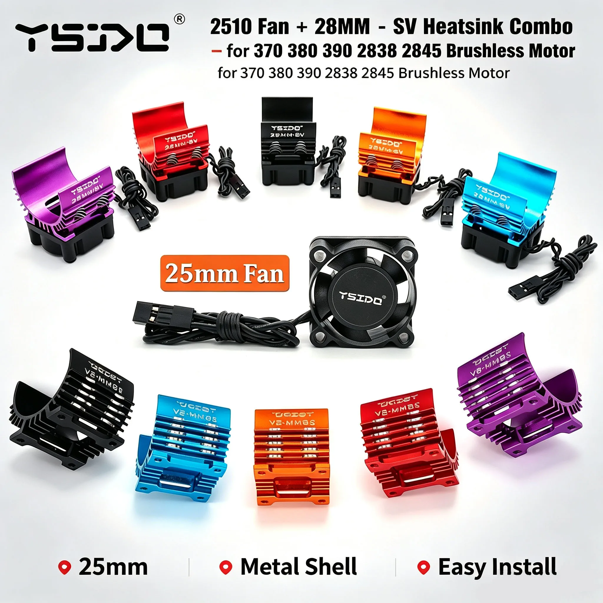 YSIDO 25mm 2510 Cooling Fan 28MM-SV RC Motor Metal Heatsink Combo for RC Car 370 380 390 2838 2845 Brushless Motor Upgrade Parts