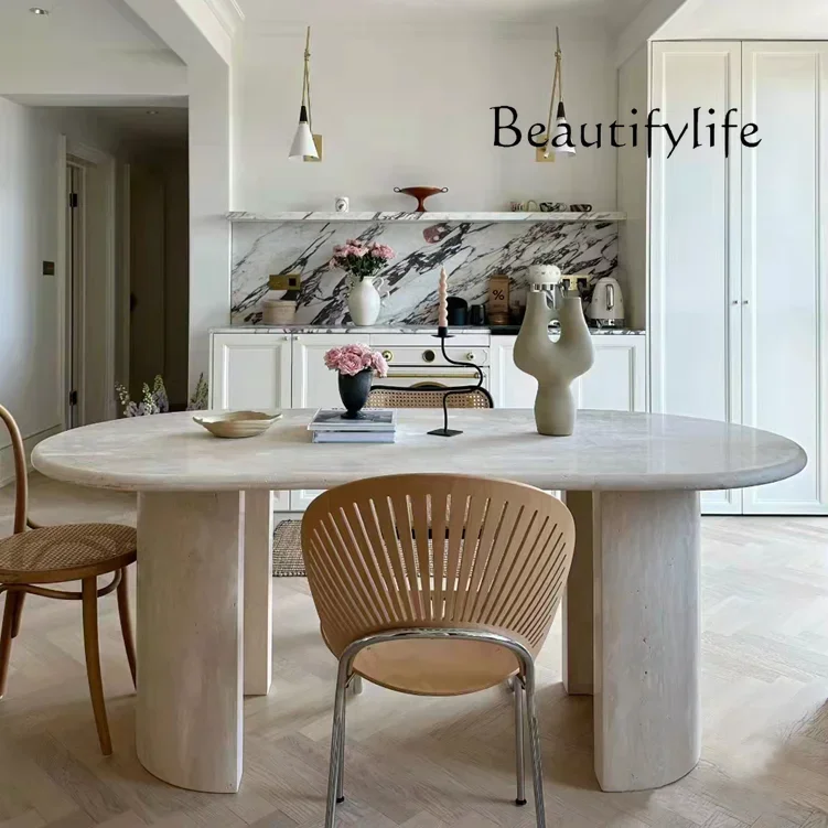 

Natural travertine dining table Middle ancient oval marble dining table French retro style square dining table
