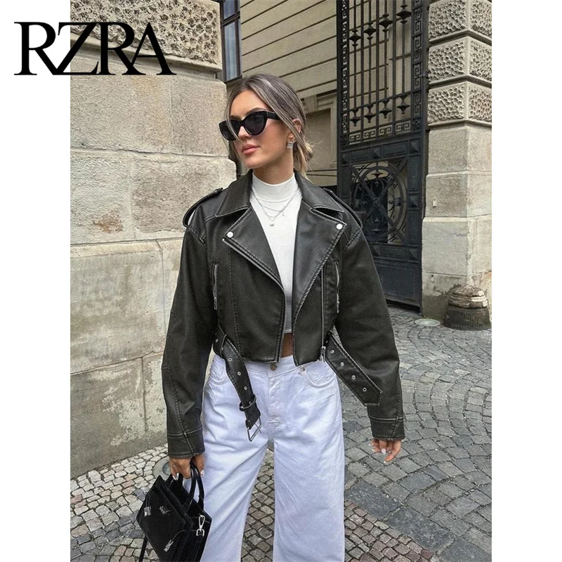 RZRA women's clothing 2024 autumn and winter new women's motorcycle leather jacket PU imitation leather short jacket