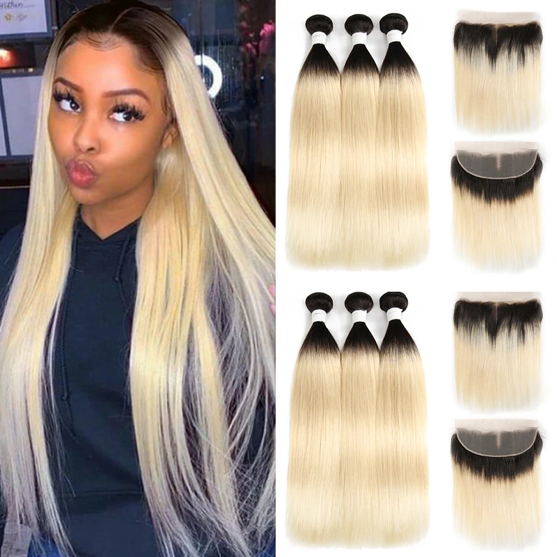 Ombre Blonde Brasilianische Gerade Menschliches Haar Bundles Mit Frontal KEMY HAAR 3/4PCS Weben Bundles Mit Verschluss Remy haar Extensions