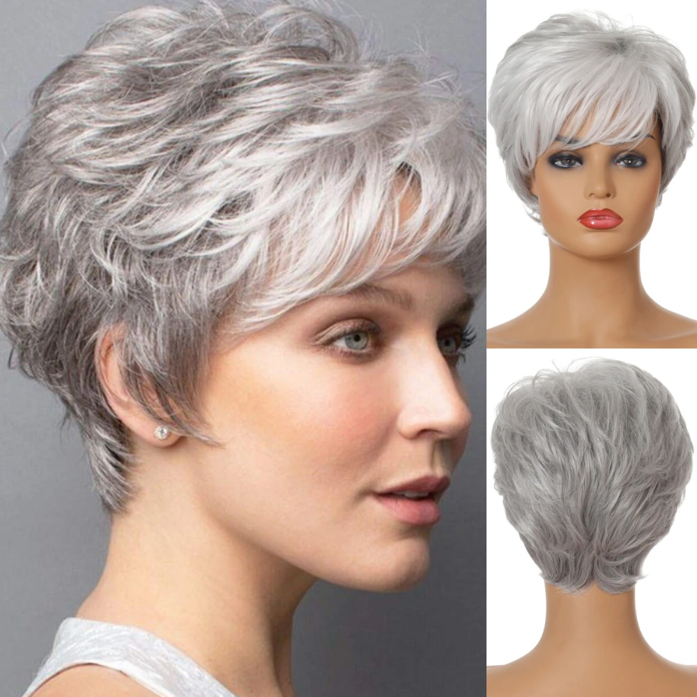 SHYRED Synthetic Hair Silver Grey Wigs Wavy Wigs for Women Short Wig With Side Swept Bangs Hair Natural Wigs Daily Use Cosplay