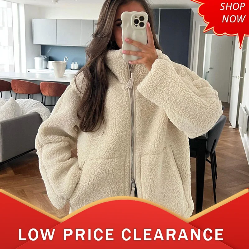 Autumn Winter New Fleece Stand Neck Jacket Double Headed Zipper Loose Warm Lamb Wool Coat 2024 Casual Solid Plush Warm Outerwear