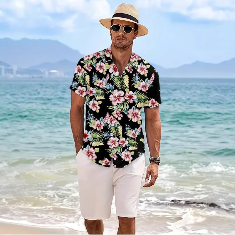

Korean Style Summer New Fashion Men's Casual Trendy Loose Short Sleeve Turn-down Collar Printed Shirts Male Beach Clothes Tops