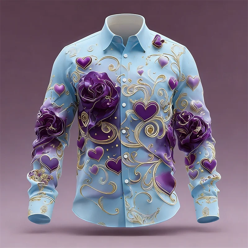 

3D rose print shirt men's long sleeved top fashionable heart pattern casual loose Gothic clothing shirt top