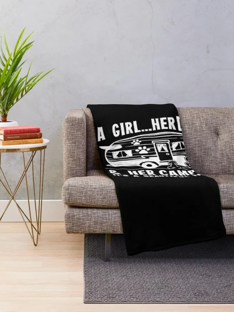 Camping T Shirt Camping Girl A Girl Her Dog And Her Camper Camper Campfire Gifts Tee Throw Blanket For Sofa Thin Travel Blankets