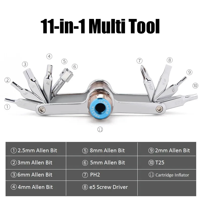 16-in-1 Bike Multi Repair Tool Kit 11-in-1 Multifunctional Tool Cartridge Inflator Chain Breaker Tire Lever Hex Key Screwdriver