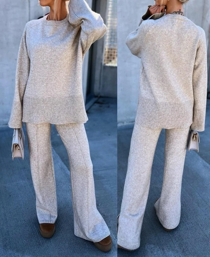 Women's fashion casual 2-piece round neck bell shaped sleeve pullover sweater with split hem casual pants casual suit