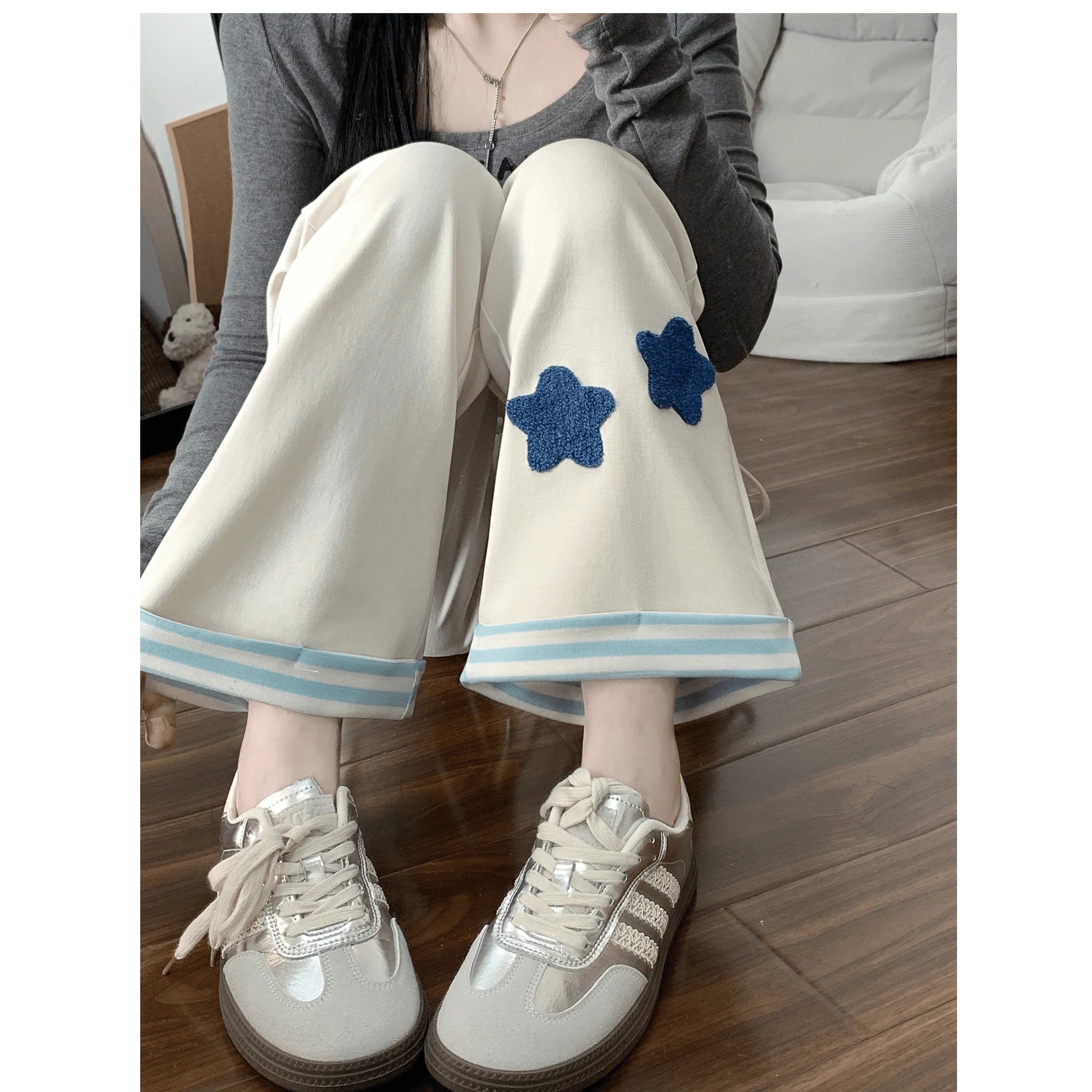 

High Waist Casual Pants Women's Spring Autumn Patchwork Cuffed Striped Lazy Wide Leg Pants Furry Embroidered Ladies Trousers