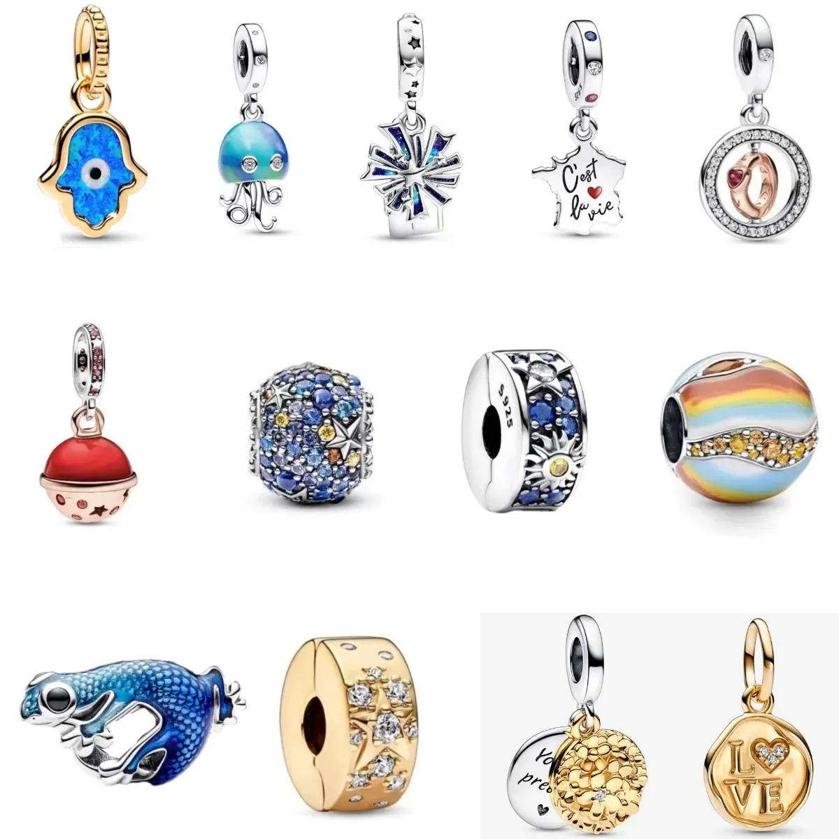 

2023 Summer Real 925 Sterling Silver Small Bell Jellyfish Frog Sparkling Love Stamp Dangle Charm Fit Pandora Bracelet Diy Gift