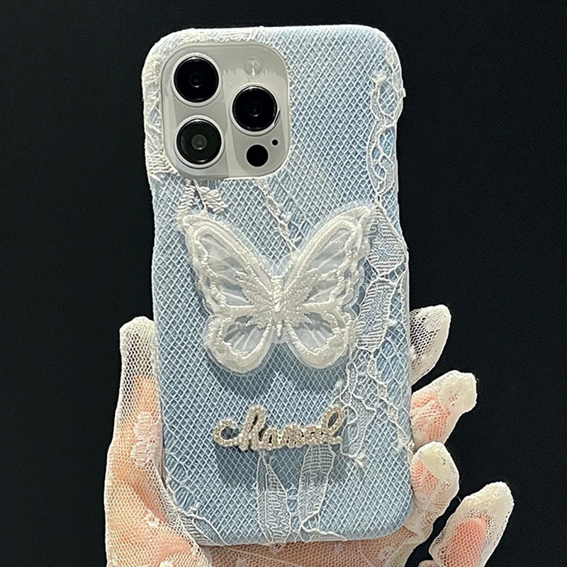 Luxury Quakeproof Lace Butterfly Floral Cover Case for iPhone Half Phone Case 15 14 Plus 13 Pro Max 12 Pro 11 11Pro Max