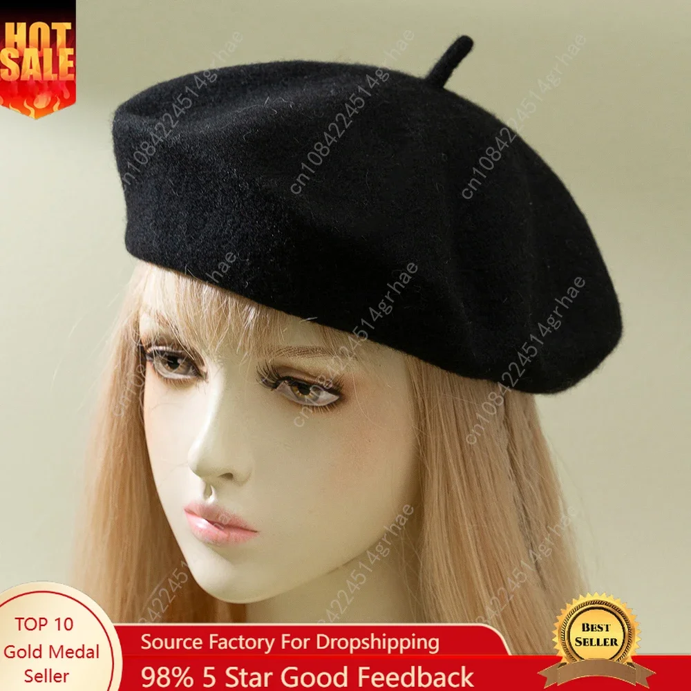 

Beret Women's Fashion Retro Casual Wool Beret Artist Hat Wool Versatile Knitted Round Top Bud Hat Warm Hat