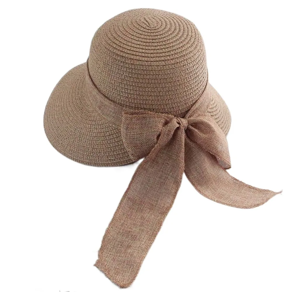 

Portable Straw Weaving Beach Hat Breathable Polyester Big Brimmed Woven Cap French Style Soft Bow Fisherman Cap Summer