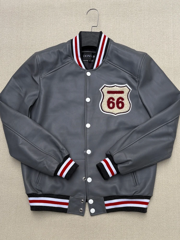 Loose Fit Pure Leather Baseball Jacket for Men Grey Embroidered Sheepskin Coat Simple Design Warmth Function Single Button