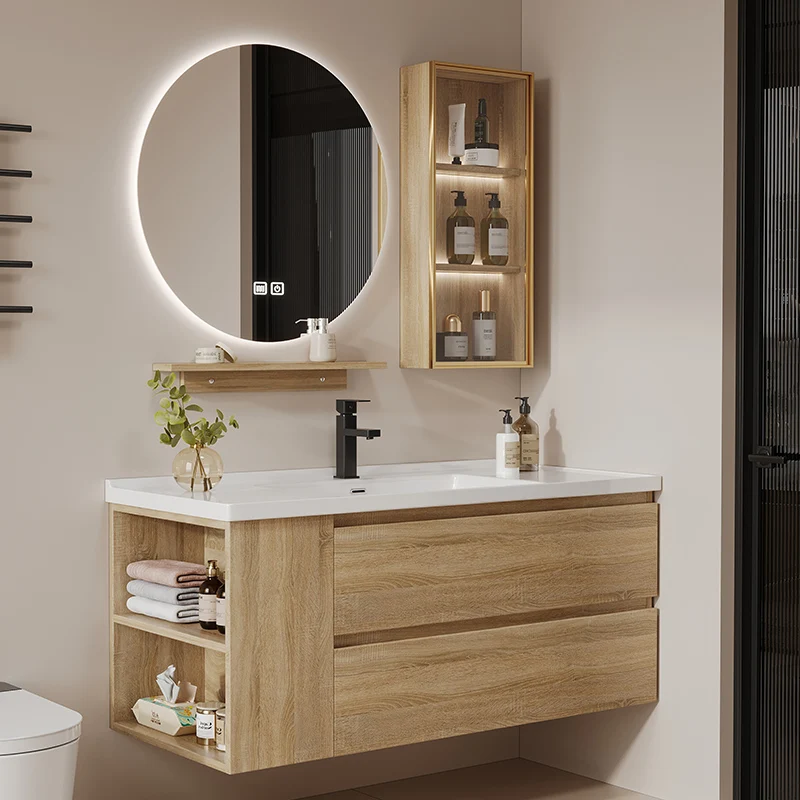 Wood Color Side Bathroom Cabinet Mirror Cabinet Combination Bathroom Integrated Ceramic Washbasin Cabinet