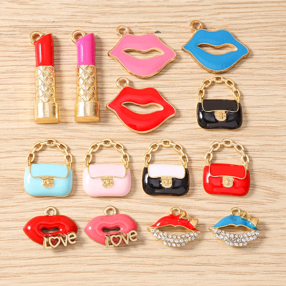 Tusember 10 Stück Niedliche Damen-Handtaschen-Anhänger mit Roten Lippen und Lippenstiften für Schmuckherstellung, Halsketten, Ohrringe, Armbänder, DIY-Bastelarbeiten – Detail 2