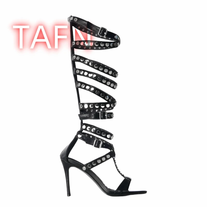 

Black Silver Stud Gladiator Sandals Open Toe Stiletto Back Zipper Sandals Fashion High Heels Women Knee-high Large Shoes Size 44