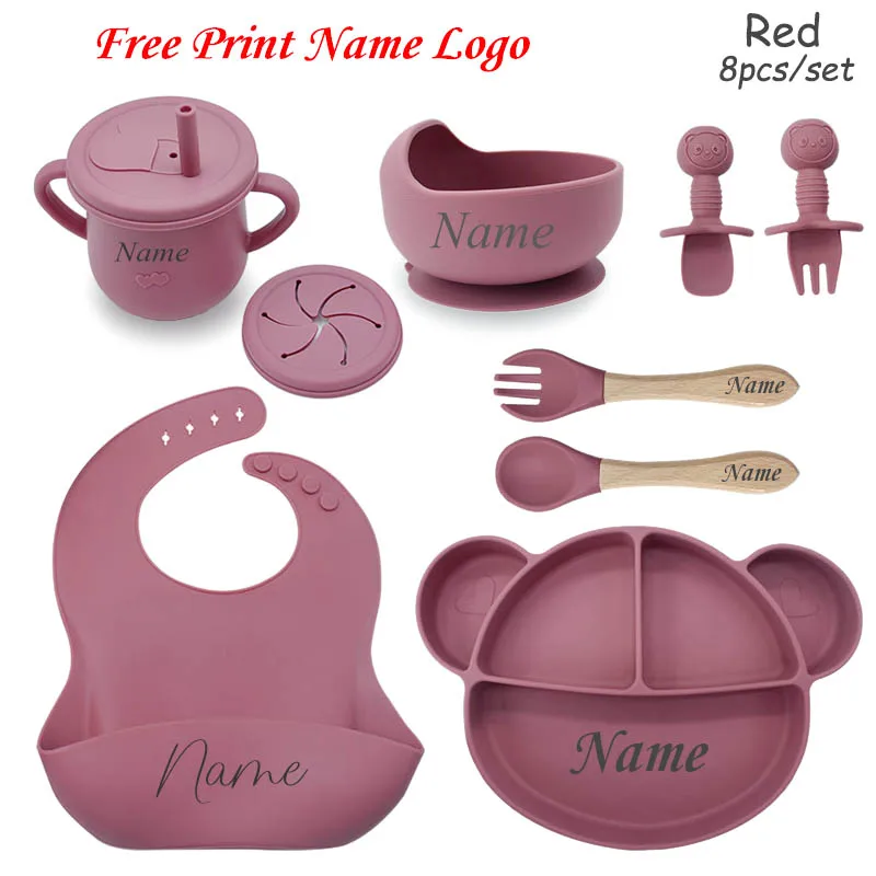 8Pcs Silicone Tableware Sets Personalized Name Baby Feeding Set Mickey Mouse Dinner Plate Kids Sucker Cups Bowl Straw Cup Spoons