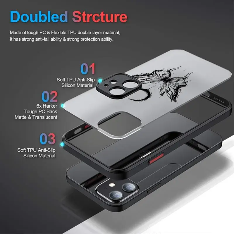 Butterfly Printed Case for Apple iPhone 15 11 14 13 12 Pro 7 XR X XS Max 8 Plus 6 6S SE 2022 15Pro Black Matte Phone Funda