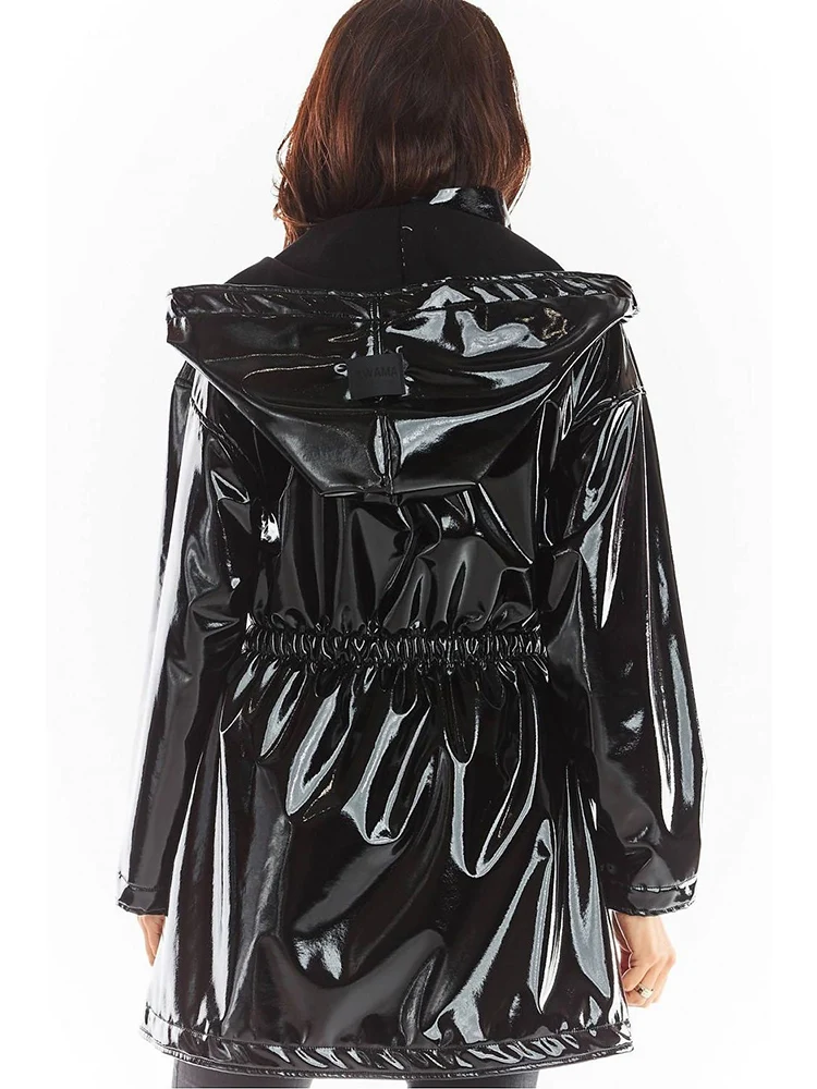 Women Casual Patent Leather Hooded Trench Loose Fashion PVC Long Coats Button Jackets Long Sleeve Plus Size PU Outwear CustomZ