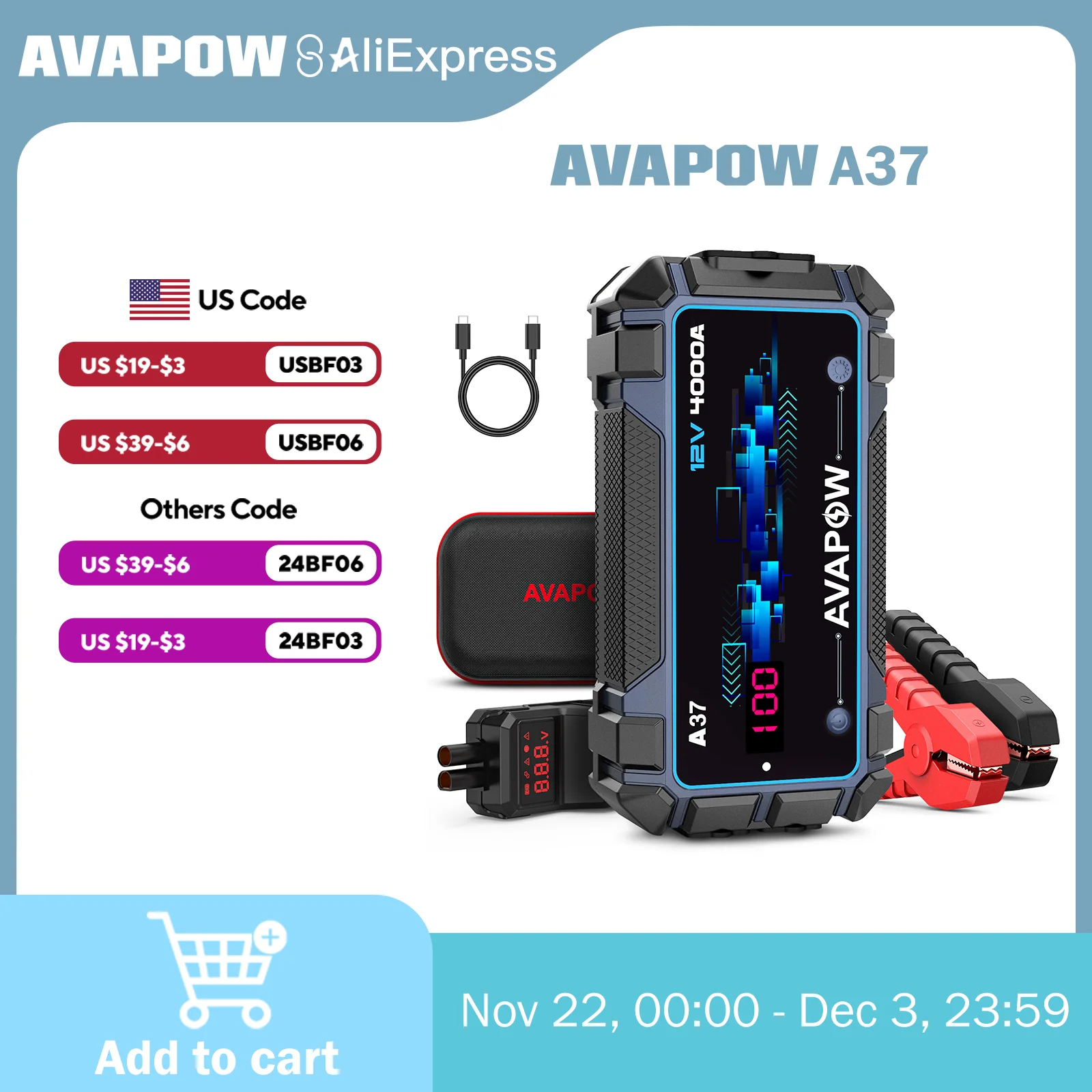 AVAPOW 4000A Car Battery Jump Starter, 12V Portable for 10L Gas/Diesel Engines, PD 60W Fast Charging, Lithium Charger Pack