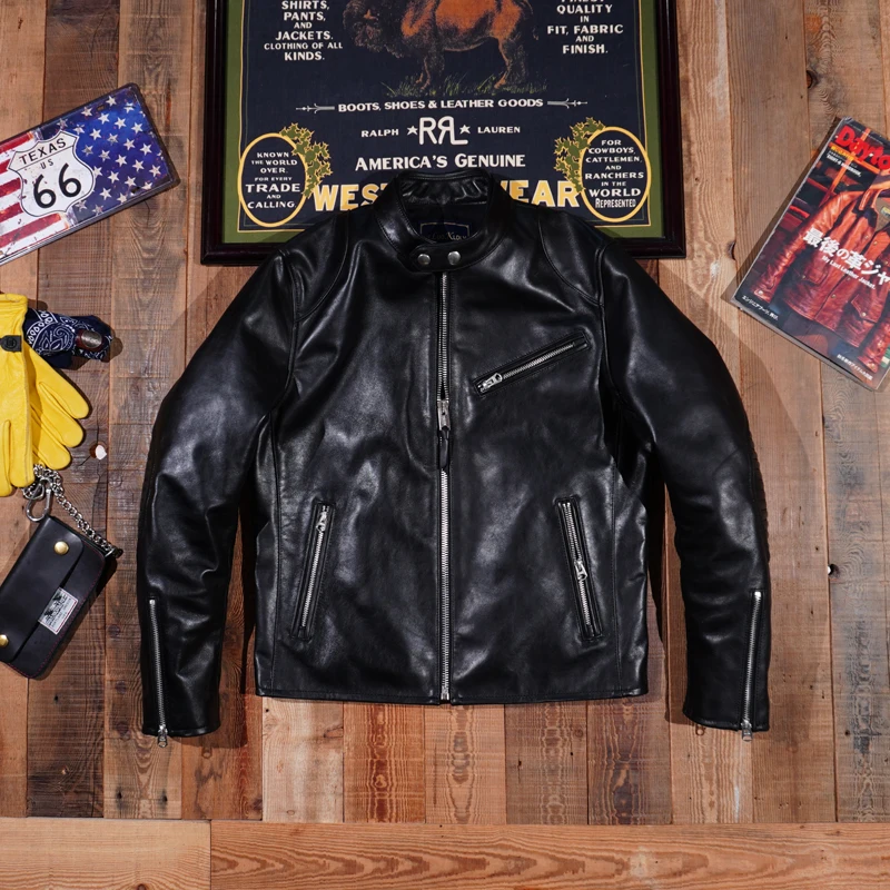 Italian Unpainted Cowhide Leather Jacket with Standing Collar and Black Venom 1930 Slim Fit Motorcycle RL Male