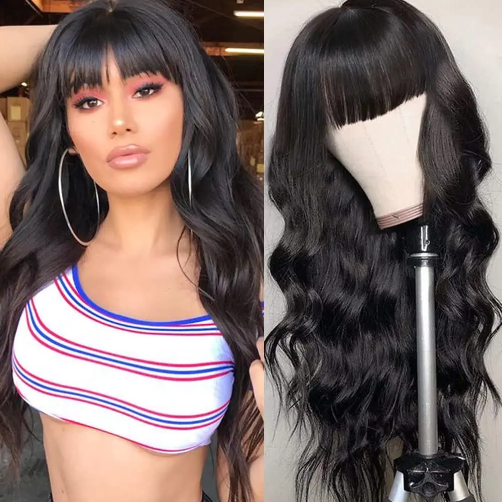 Natural Black Wig With Full Bangs Long Body Wavy Hair Wig Natural Heat Resistant Synthetic Headpiece For Women 24 Inches