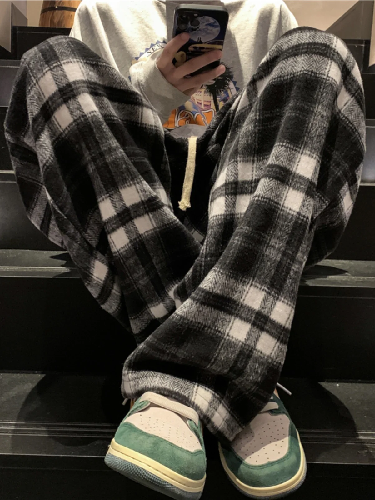 

Men's Bla White Woolen Plaid Pants Autumn Winter Leisure Sle Vintage American Match All Casual Long Trousers