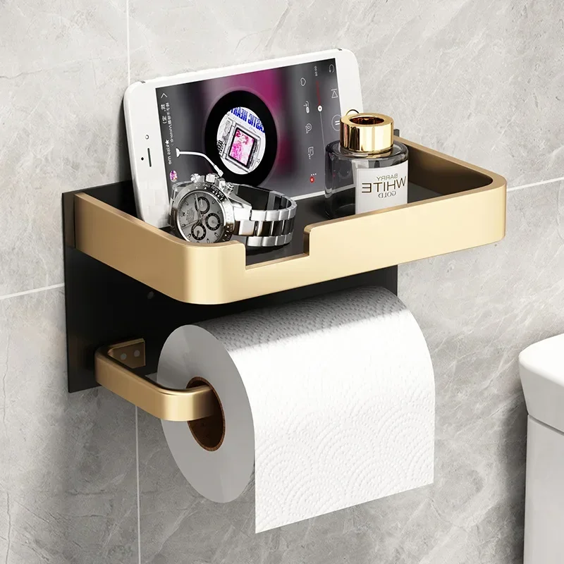 

Black Golden Paper Holder Wall Mounted Bathroom Accessories Phone Rack Toilet Shelf Space Aluminum Towel Rack Tissue Boxes Black