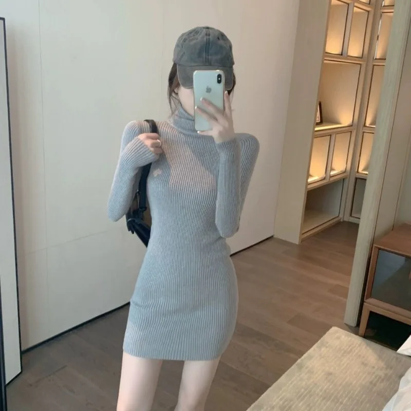 Turtleneck Women's Crochet Dresses Elegant Y2k Cool Fashion Retro High Quality Comfortable New In Bodycon Female Knit Dress