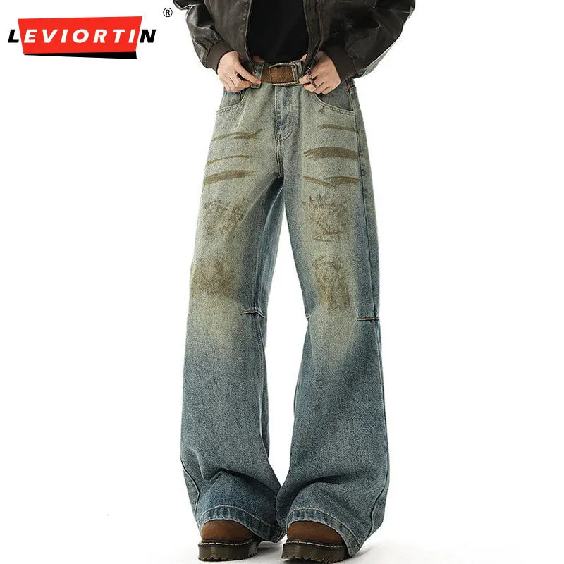 American Vintage Distressed Dirty Denim Jeans High Street Loose Fit Street Style Workwear Jeans For Men And Women