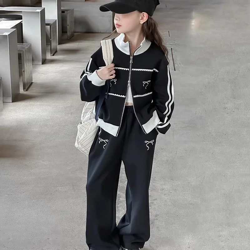 UNITIM Herbst Kinder Mädchen 2-teiliges Kleidungsset Schleifendruck 4-14 Jahre Kinder Mädchen Reißverschluss-Mäntel Anzüge Lose Junior Mädchen Hosen Outfits – Detail 4
