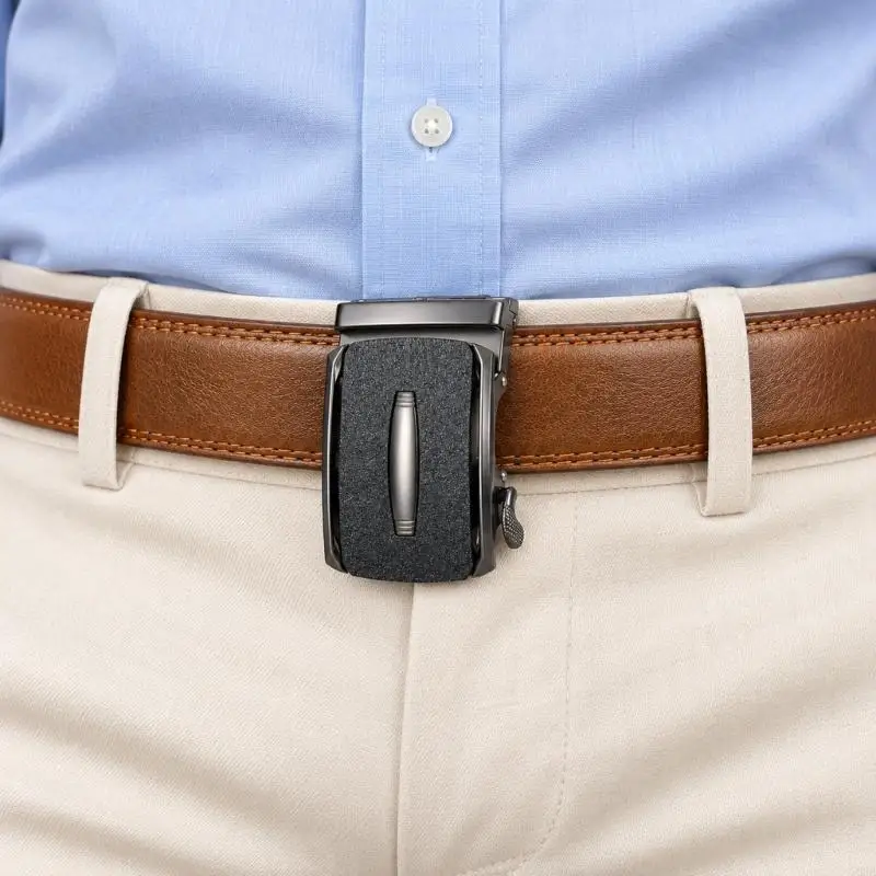 Trim-to-Fit Men's Track Belt with Automatic Metal Closure, Stitched Edges and Position Adjustment for Dress Wear Y08E